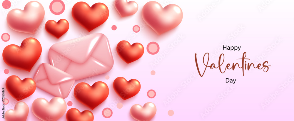 Valentine's day 3d realistic design. Realistic heart pink envelope red and pink heart. For design and background. Vector 3d Illustrations.