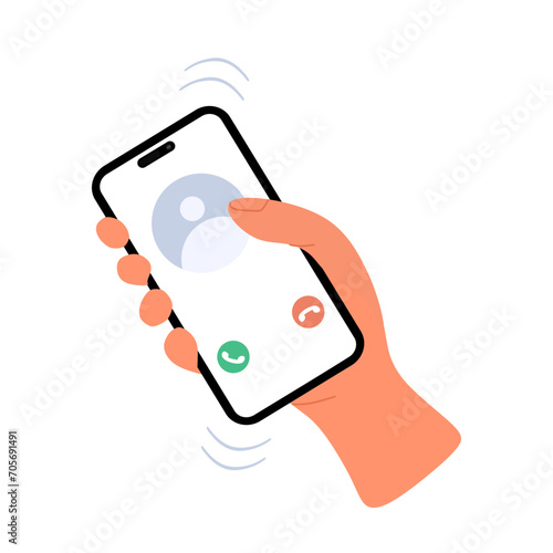 Hand holding smartphone with Incoming phone call on mobile screen. Call from an unknown subscriber, answer and decline, hang up button on cellphone display. Unknown contact on cell.Vector illustration