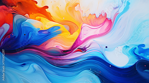 Abstract swirls of paint in various vibrant colors  creating a visually appealing artistic background. Copy Space.