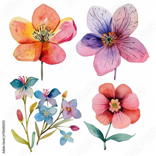 Set watercolor flowers isolated white background