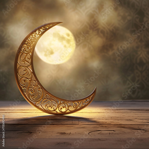 Eid-Ul-Adha festival celebration . Ramadan Kareem background. Crescent Moon and empty table, ai technology