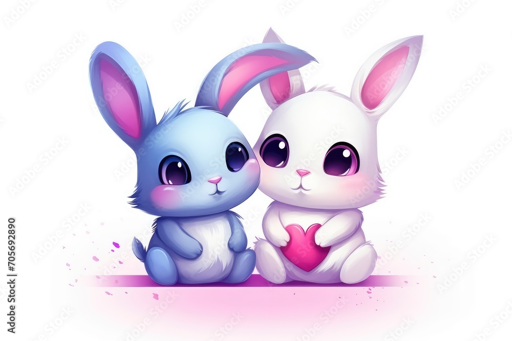 Two Adorable Cartoon Bunnies Sharing a Heart on a Pink and Purple Background Two Adorable Cartoon Bunnies Sharing a Heart on a Pink and Purple Background
