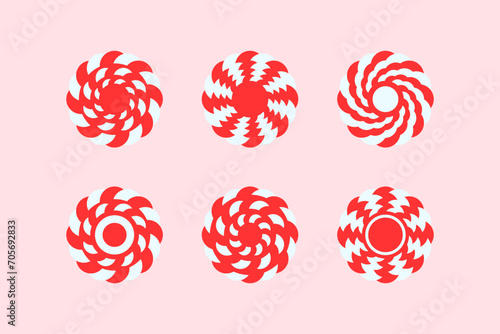 Circle emblem with swirl element. Set of 3 geometric shape. Abstract futuristic geometric shape from red and white circles.