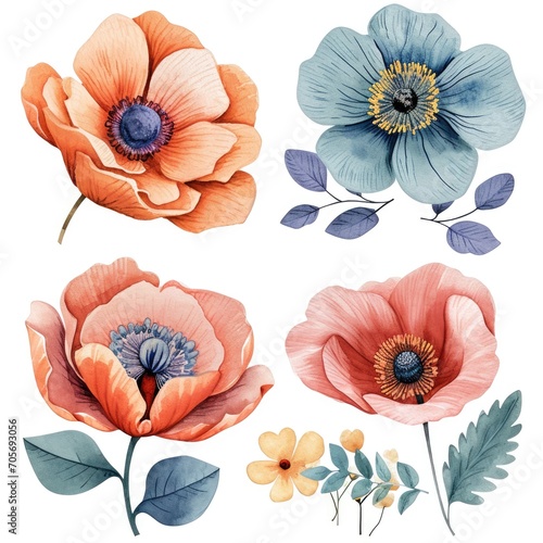 Set watercolor flowers isolated white background