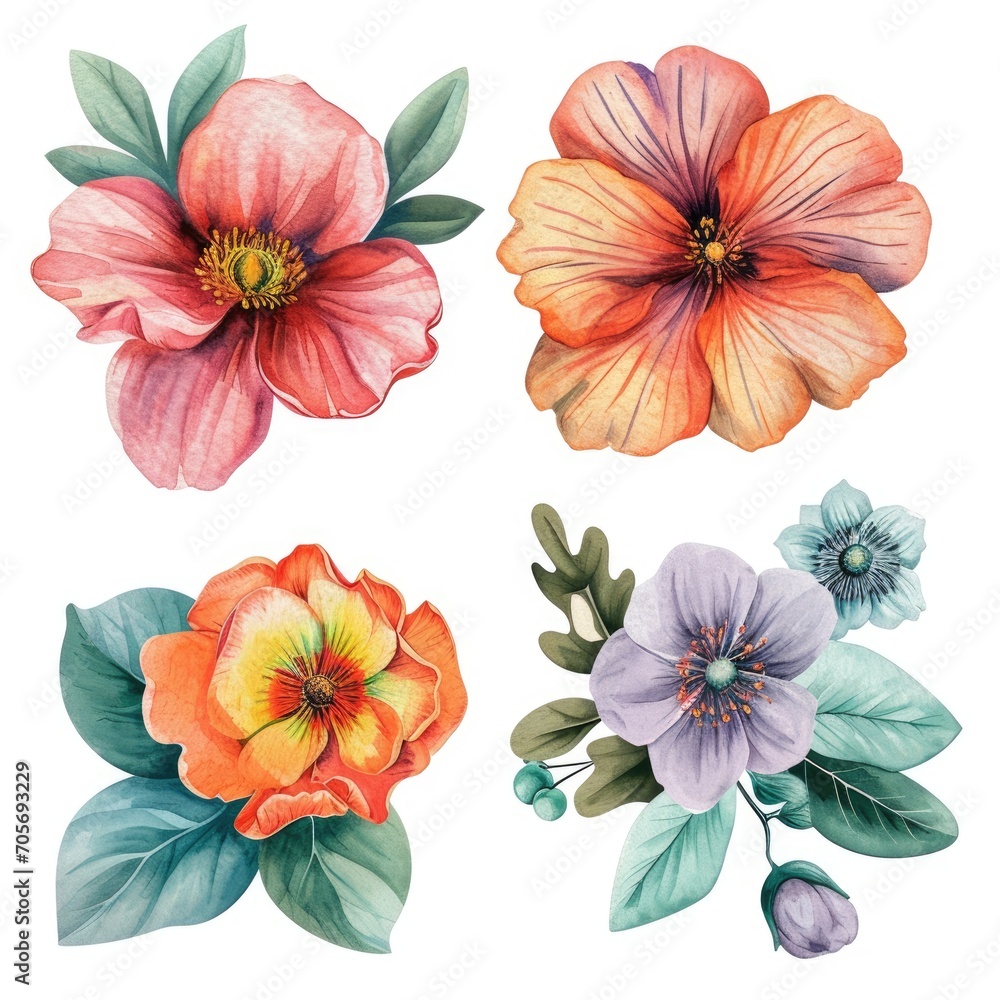 Set watercolor flowers isolated white background Set watercolor flowers isolated white background