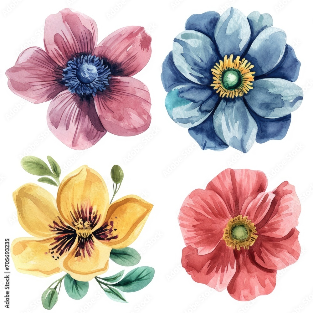 Set watercolor flowers isolated white background Set watercolor flowers isolated white background