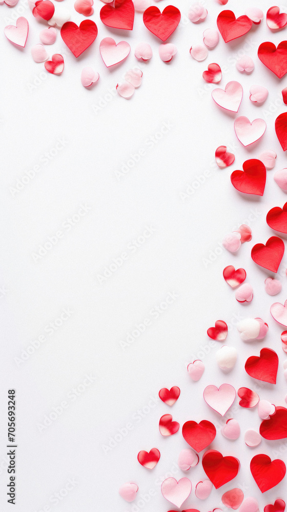 Valentine's day background with red and white hearts on white background.