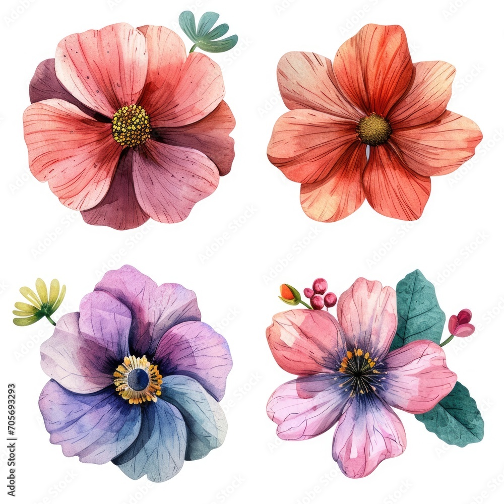 Set watercolor flowers isolated white background Set watercolor flowers isolated white background