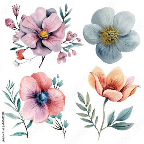 Wallpaper Mural Set watercolor flowers isolated white background Torontodigital.ca