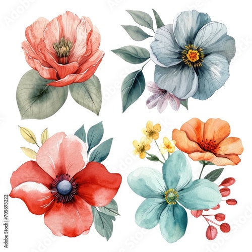 Set watercolor flowers isolated white background