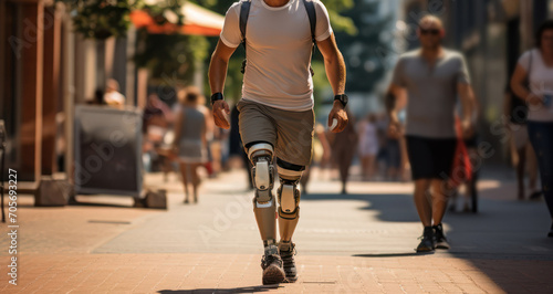 Man with leg prosthetics confidently walking on a city street © Emiliia