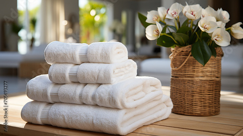 White towels on a wooden table. Spa, hotels concept