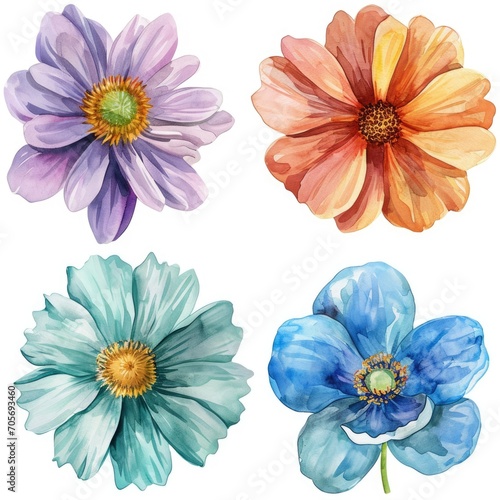 Set watercolor flowers isolated white background