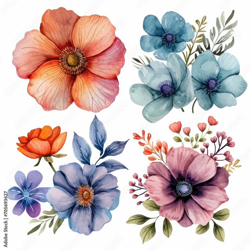 Fototapeta premium Set watercolor flowers isolated white background