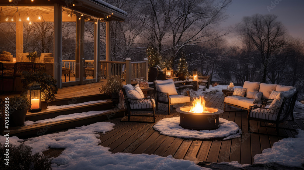 Cozy Winter Backyard with Fire Pit and Sitting Area