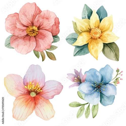 Set watercolor flowers isolated white background