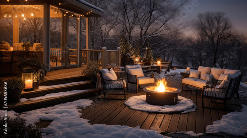 Cozy Winter Backyard with Fire Pit and Sitting Area