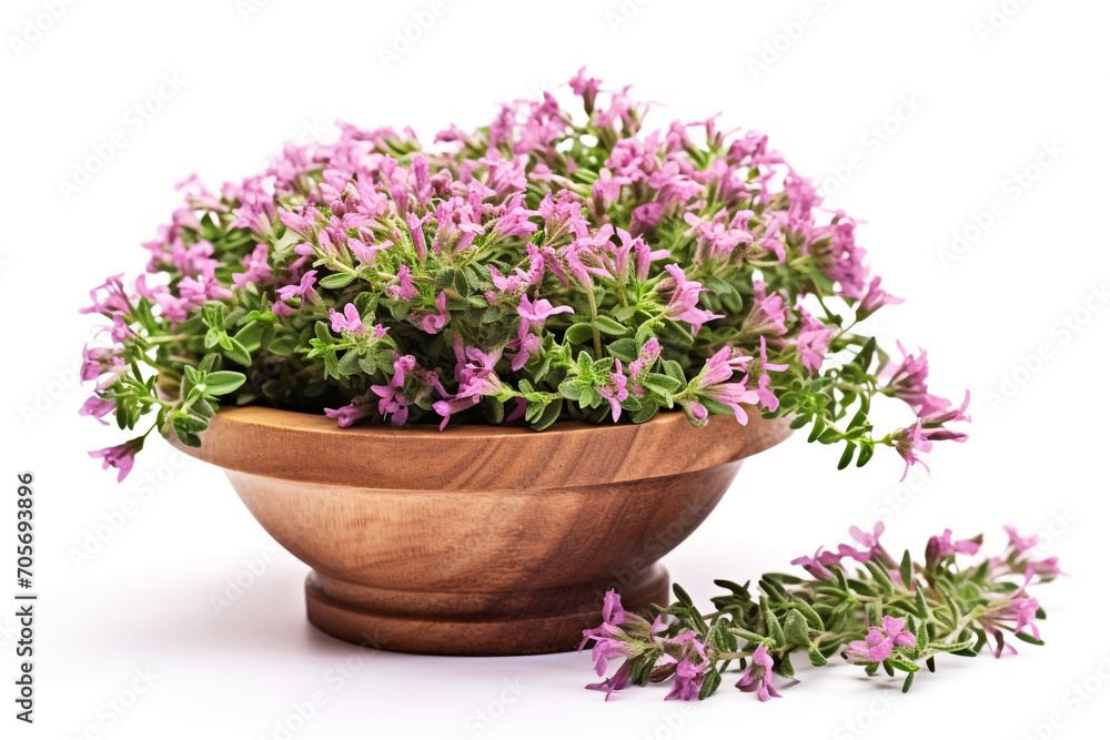 heap of thyme with flowers in wooden cup isolated on white background heap of thyme with flowers in wooden cup isolated on white background