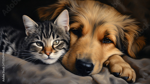 Animals dog and cat become close as they play rest