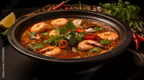 Tom Yum Shrimp.Spicy prawn soup, a culinary gem with roots in various Asian cuisines, is a tantalizing exploration of bold flavors and aromatic spices. 