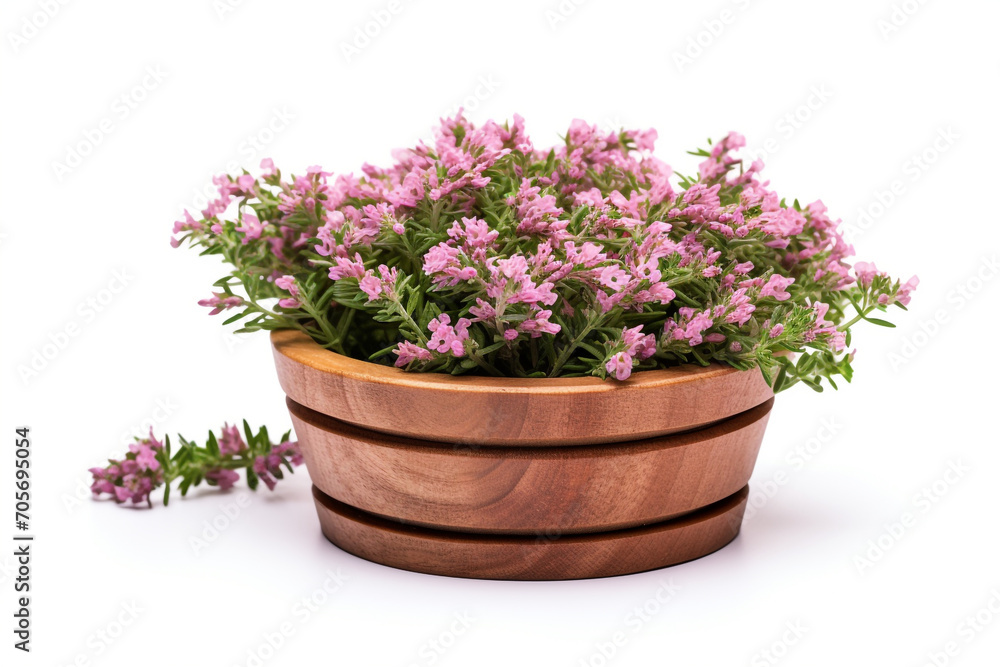 heap of thyme with flowers in wooden cup isolated on white background