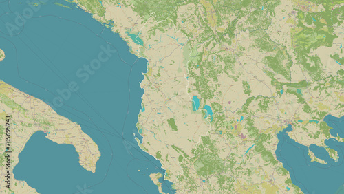 Fototapeta Naklejka Na Ścianę i Meble -  Albania outlined. OSM Topographic Humanitarian style map
