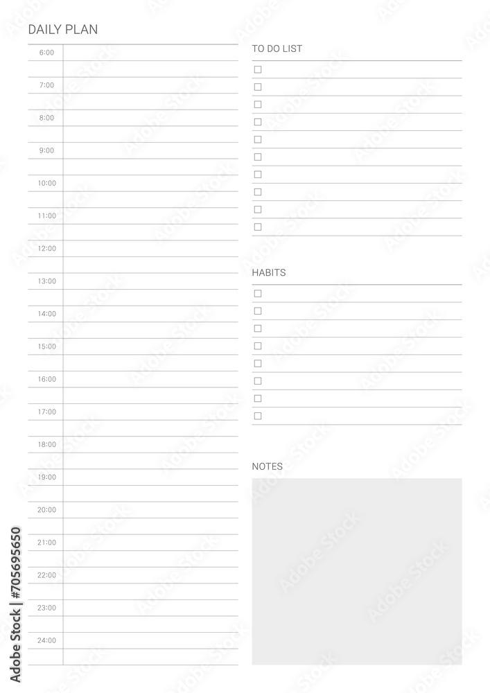 A daily plan design template in a modern, simple, and minimalist style. Note, scheduler, diary, calendar, planner document template illustration. A daily plan design template in a modern, simple, and minimalist style. Note, scheduler, diary, calendar, planner document template illustration.