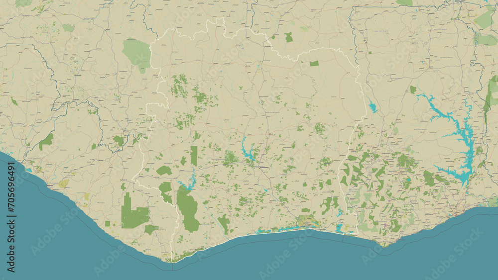 Fototapeta premium Ivory Coast outlined. OSM Topographic Humanitarian style map