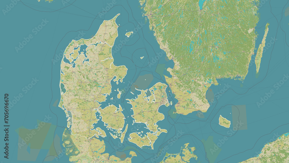 Denmark outlined. OSM Topographic Humanitarian style map
