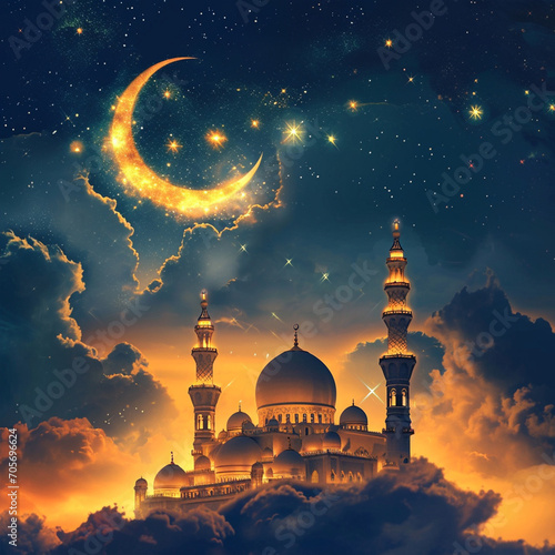 Ramadan background with crescent, stars and glowing clouds above mosque, ai technology