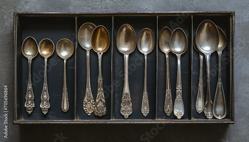  silver collection of tablespoons of teaspoons in a black box on a grey concrete background,  silver collection of tablespoons of teaspoons 