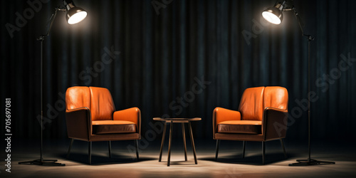 two chairs and spotlight room for podcast interview Generative AI