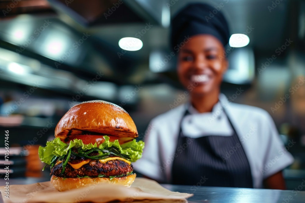 Professional Chef Presenting Gourmet Burger, Culinary Delights Concept