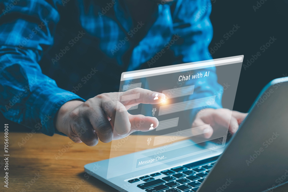 Fototapeta premium Chatbot Chat with AI, Ai tech, Digital chatbot, robot application, OpenAI generate. Artificial Intelligence. Using command prompt for generates something, Futuristic technology transformation.