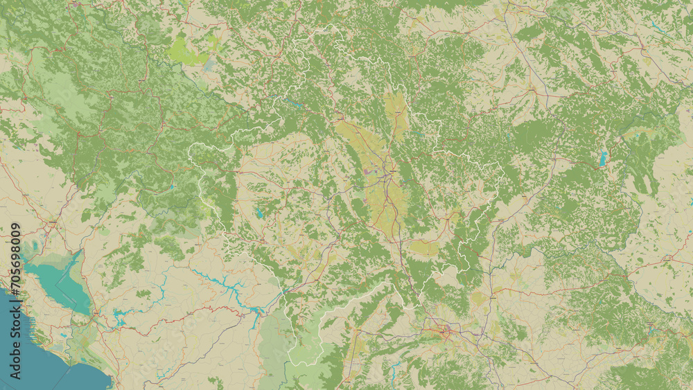 Kosovo outlined. OSM Topographic Humanitarian style map