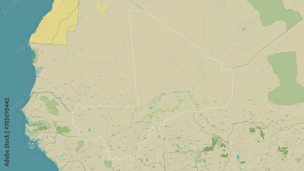 Fototapeta premium Mali outlined. OSM Topographic Humanitarian style map