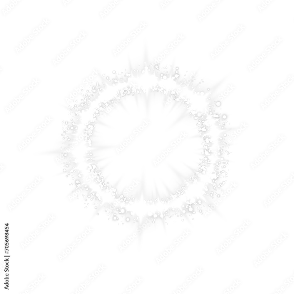 Obraz premium White magical fantasy portal. Round light frame, futuristic teleporter. Lighting effect. White neon lights illuminate night scene with sequins. White neon ring. Round shape with small particles. PNG