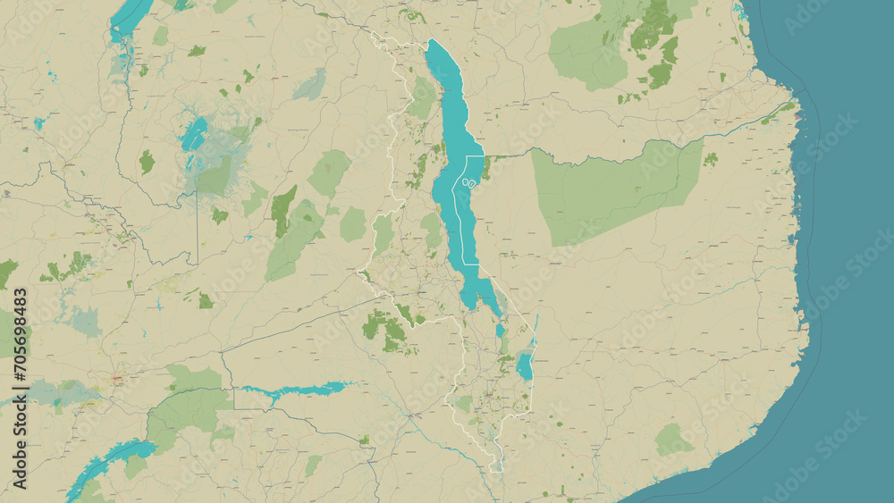 Malawi outlined. OSM Topographic Humanitarian style map