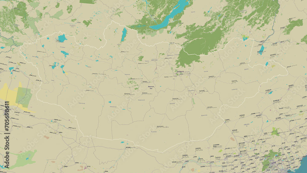 Obraz premium Mongolia outlined. OSM Topographic Humanitarian style map