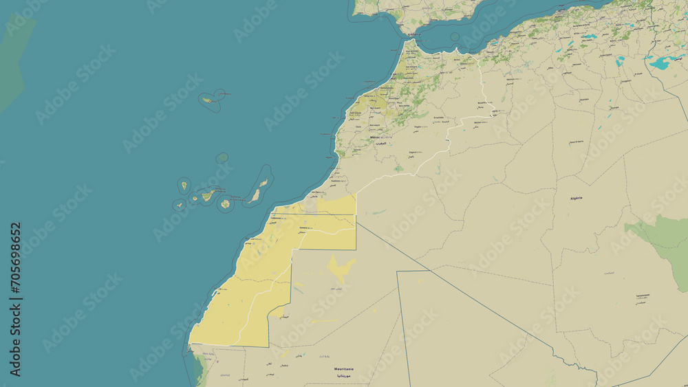 Fototapeta premium Morocco outlined. OSM Topographic Humanitarian style map