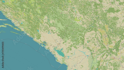 Montenegro outlined. OSM Topographic Humanitarian style map