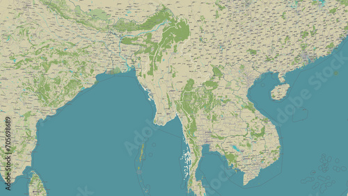 Myanmar outlined. OSM Topographic Humanitarian style map