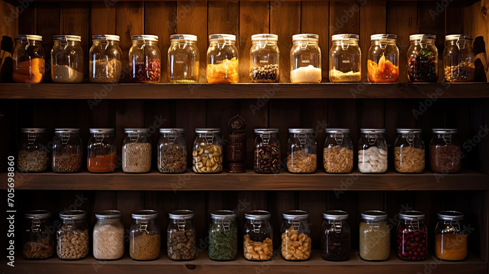 Glass Jars on Pantry Shelves - Home Organization