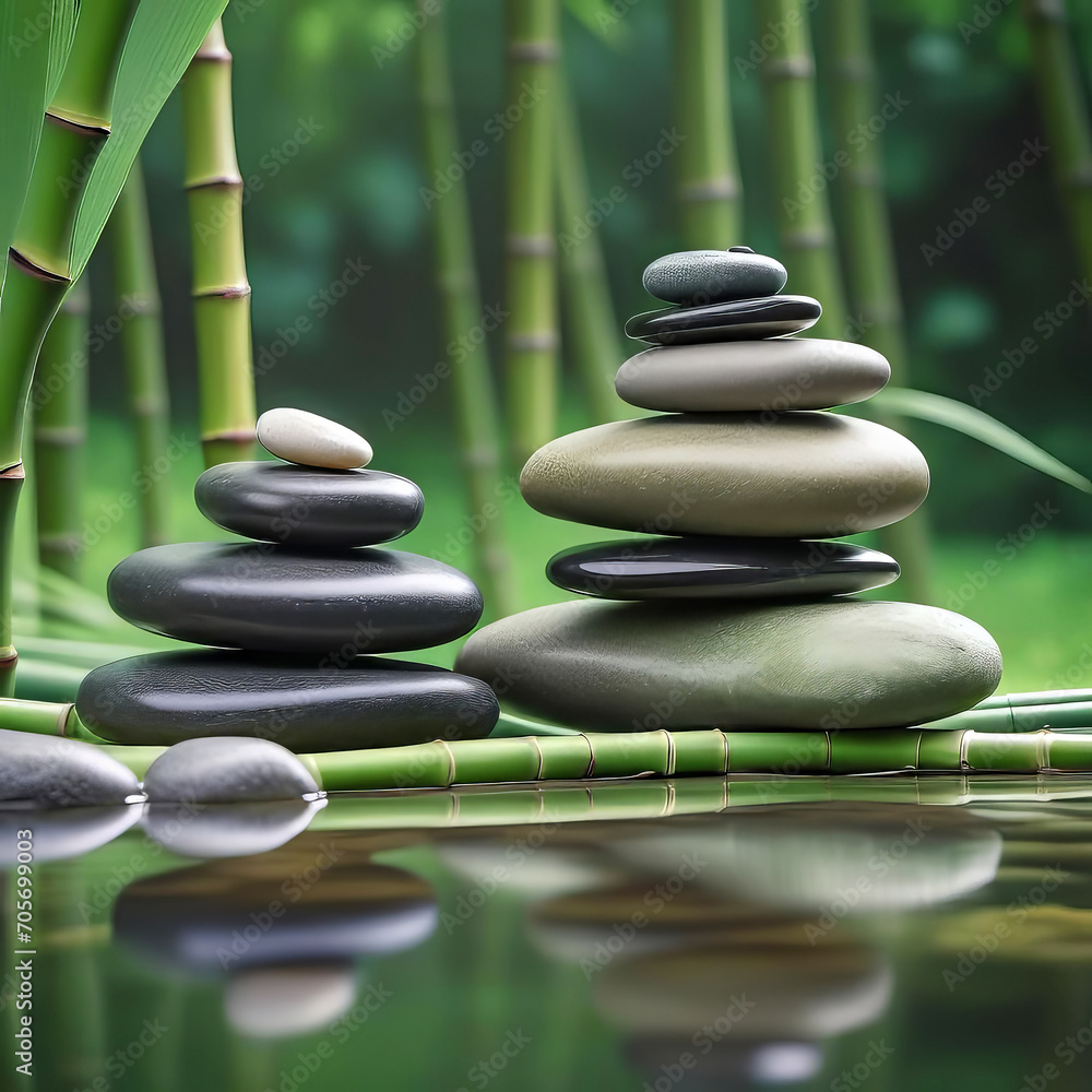 Stacked stones on green bamboo background, empty copy space, background for spa and relaxation, Stacked stones on green bamboo background, empty copy space, background for spa and relaxation,