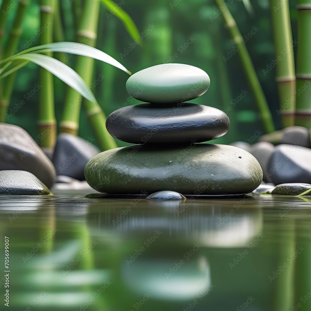 Stacked stones on green bamboo background, empty copy space, background for spa and relaxation, Stacked stones on green bamboo background, empty copy space, background for spa and relaxation,