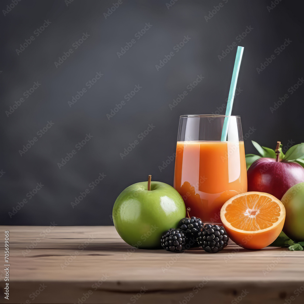 Fototapeta premium healthy fresh fruit and vegetable juice with fruits on empty wooden tabletop on light background, empty copy space