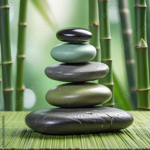 Stacked stones on green bamboo background  empty copy space  background for spa and relaxation 