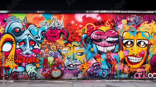 Colorful graffiti wall with urban elements, representing creativity in the streets. with Copy Space © thisisforyou