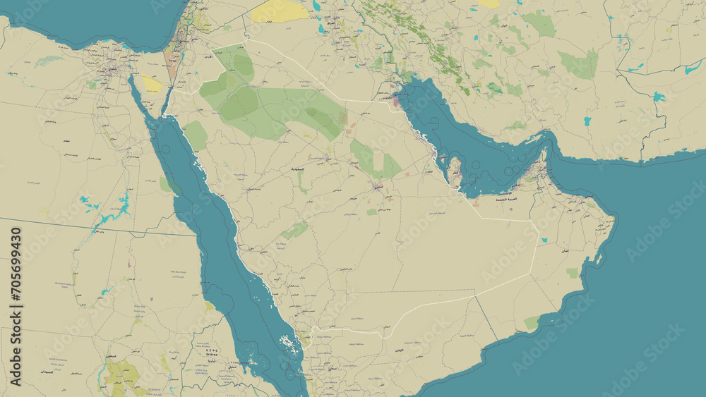 Saudi Arabia outlined. OSM Topographic Humanitarian style map