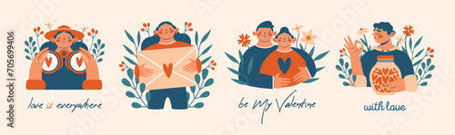 Valentine's Day. Set of simple modern isolated illustrations with cute persons, who hugging, people, lovers, man, woman. Togetherness, love concept. Clip arts with love mail, jar with heart, flowers.